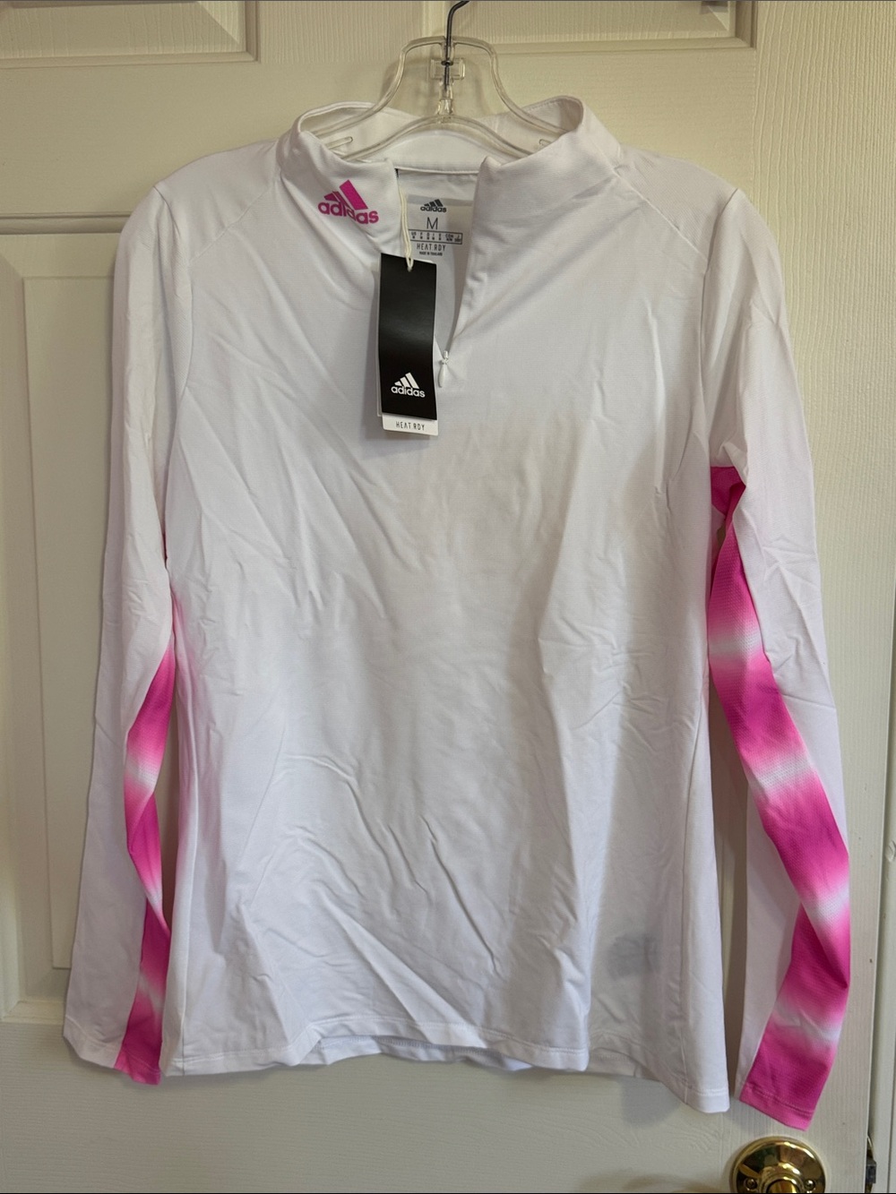 adidas White Long Sleeve Top with Pink Stripe Accents